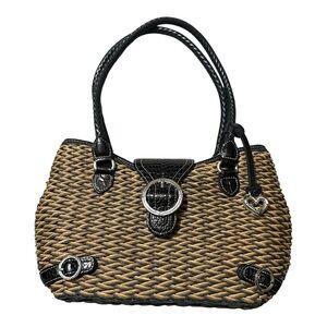 Brighton Woven Straw & Black Leather Tote Bag Buckle Detail